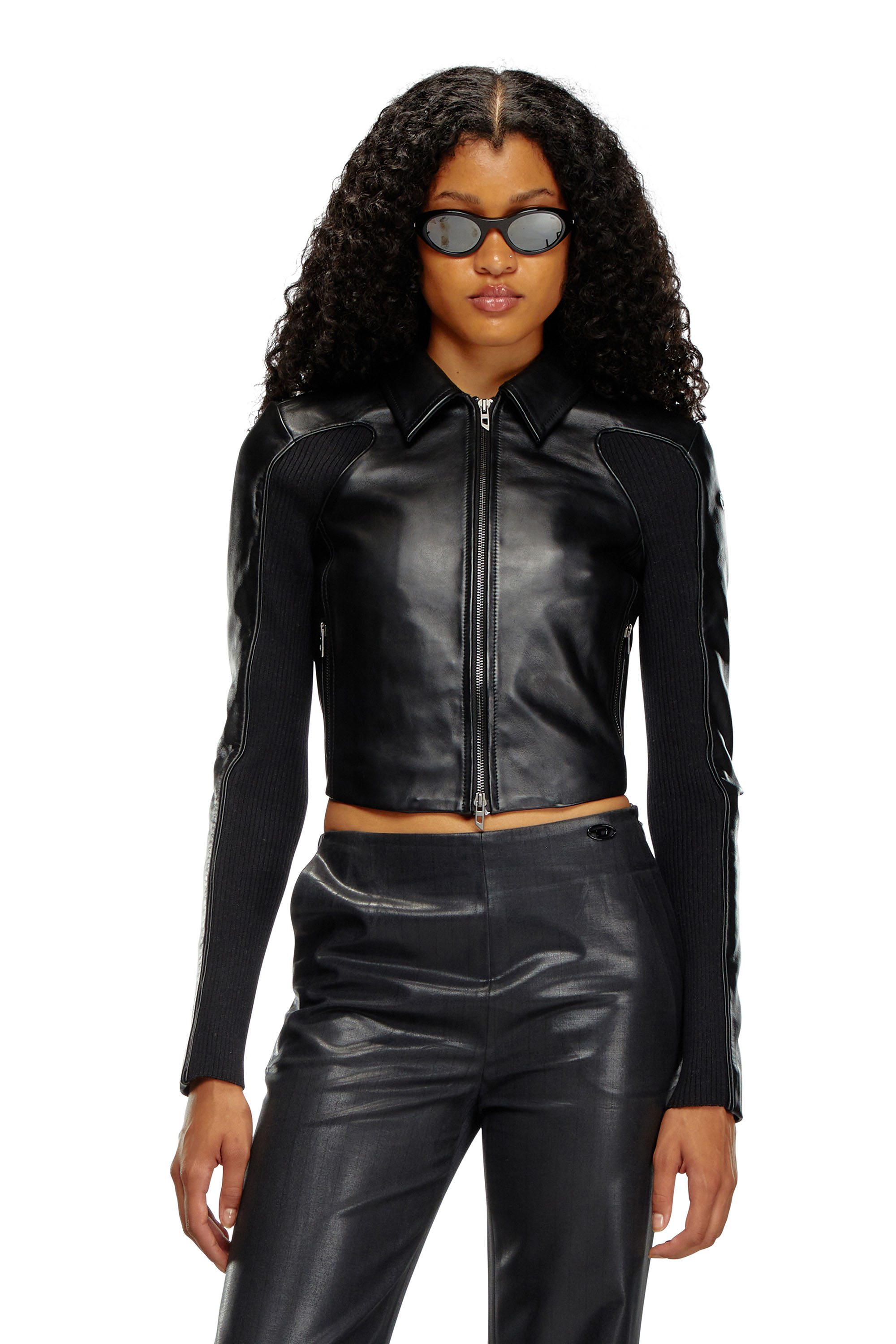 Diesel - Cropped leather jacket with knit inserts - Leather jackets - Woman - Black