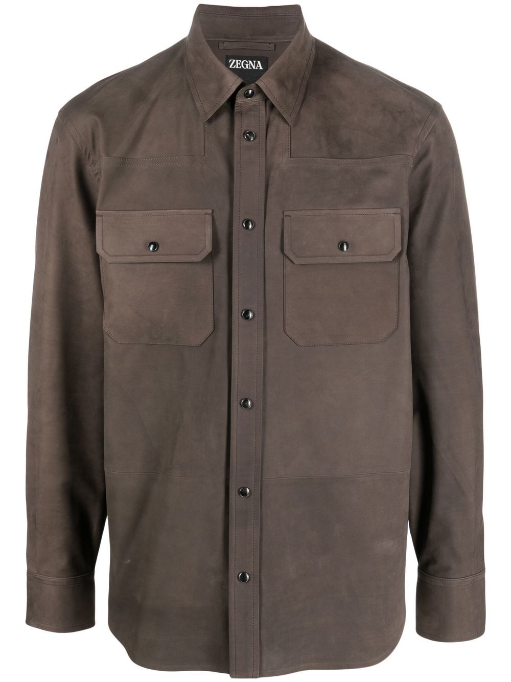 Zegna 小牛绒面皮衬衫式夹克 - 褐色