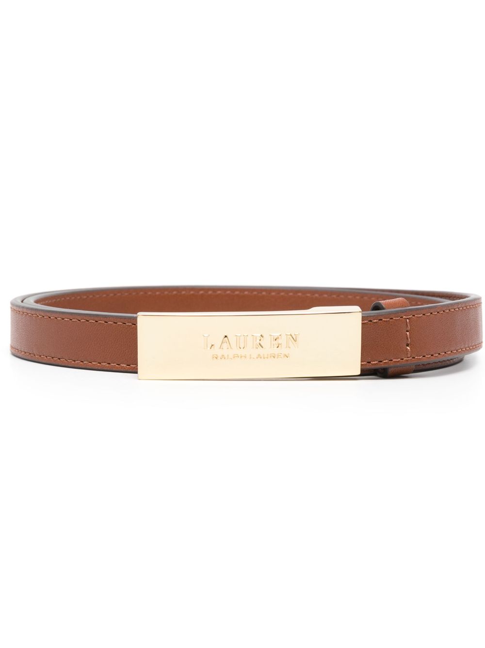 Lauren Ralph Lauren logo雕刻扣环皮质腰带 - 褐色