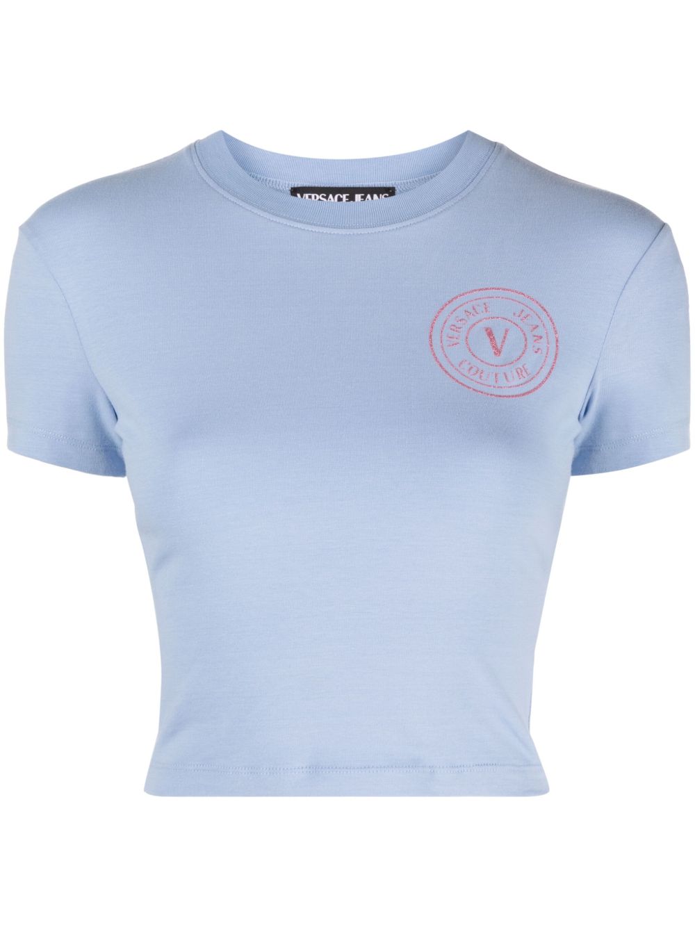 Versace Jeans Couture 亮片金葱logo短款棉T恤 - 蓝色
