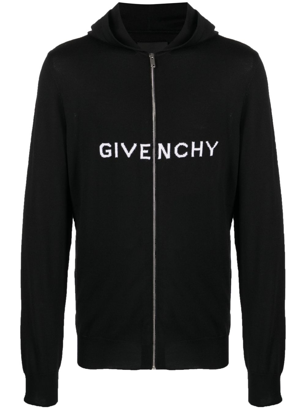 Givenchy 嵌花针织logo羊毛连帽夹克 - 黑色
