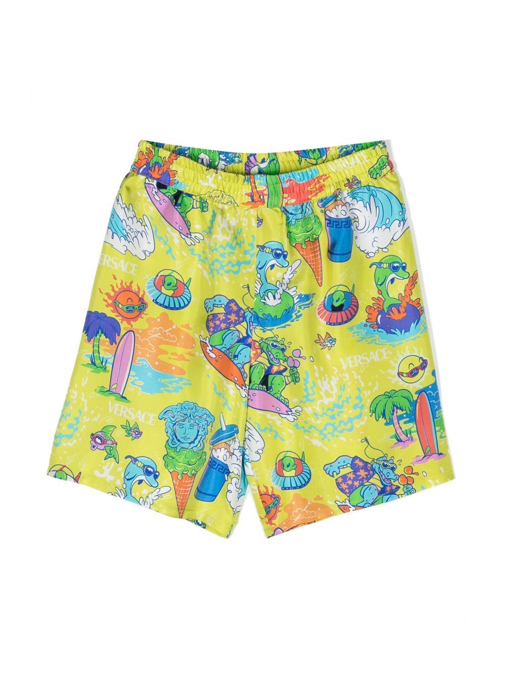 Versace Kids logo印花真丝短裤 - 黄色