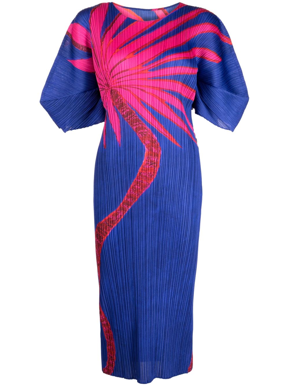 Pleats Please Issey Miyake 花卉印花百褶中长连衣裙 - 蓝色