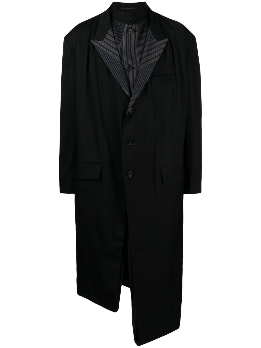 Yohji Yamamoto 不对称条纹衬里羊毛外套 - 黑色