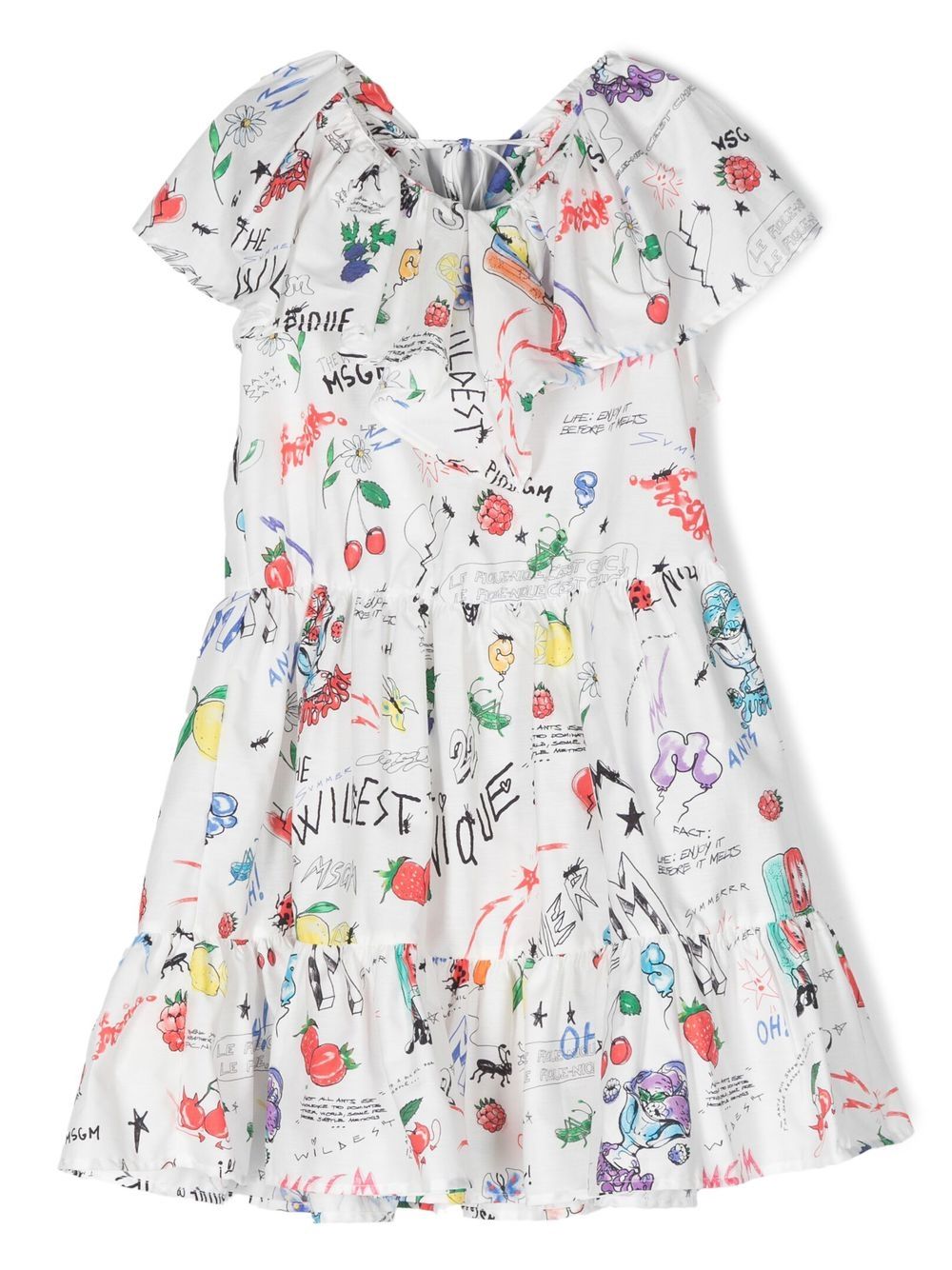 MSGM Kids 手绘感荷叶边连衣裙 - 白色
