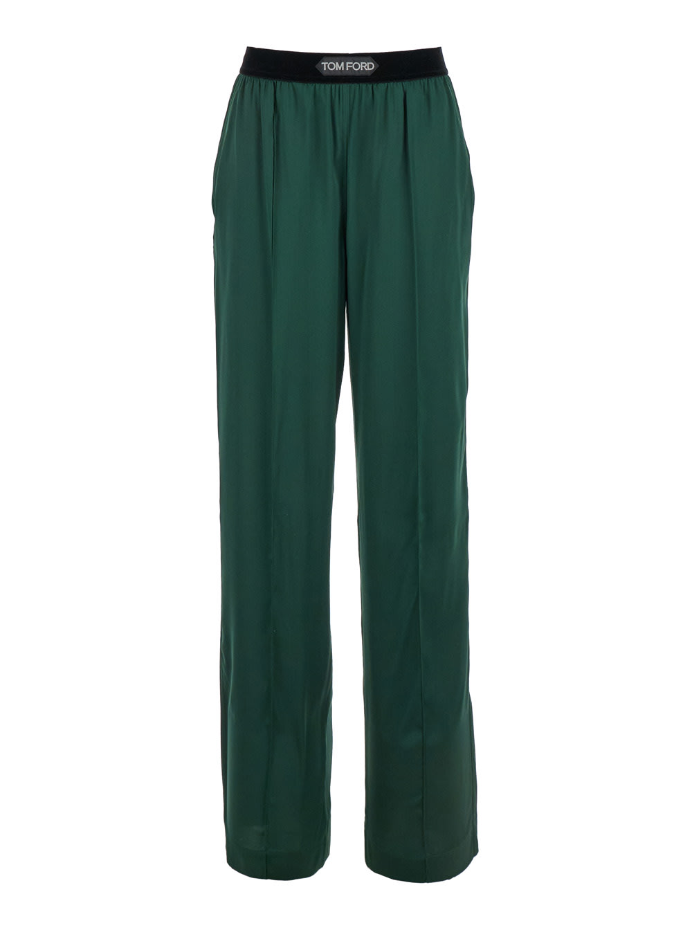 Tom Ford Green Relaxed Pants With Logo Detail In Stretch Silk Woman