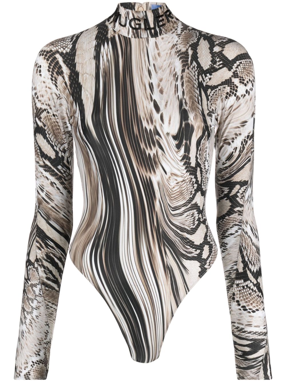 Mugler Warped Snakeskin 印花连体紧身衣 - 中性色