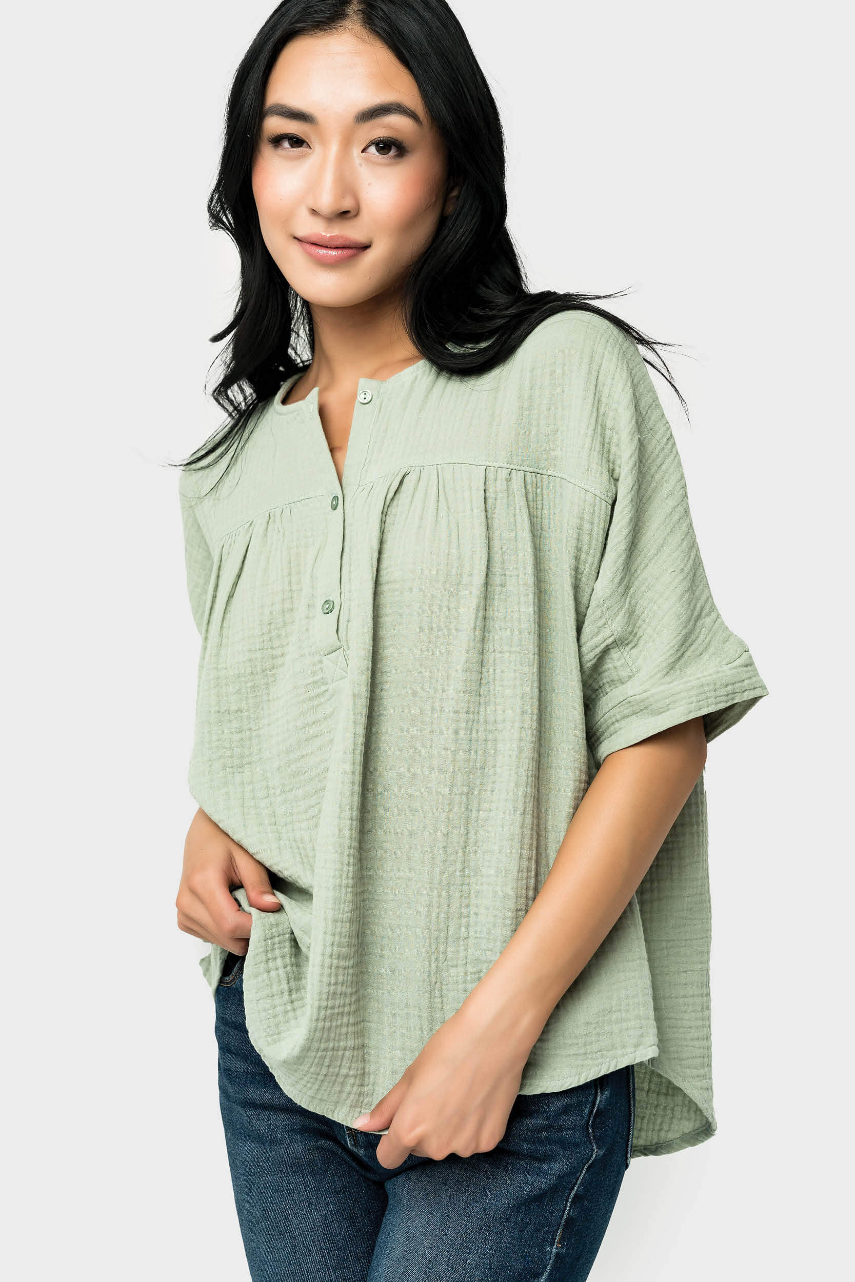 Cotton Gauze Henley Top - Sage L