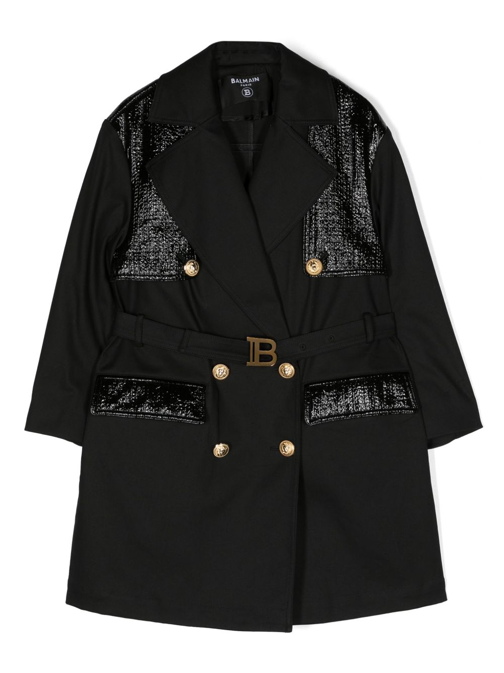 Balmain Kids 漆面拼接双排扣外套 - 黑色