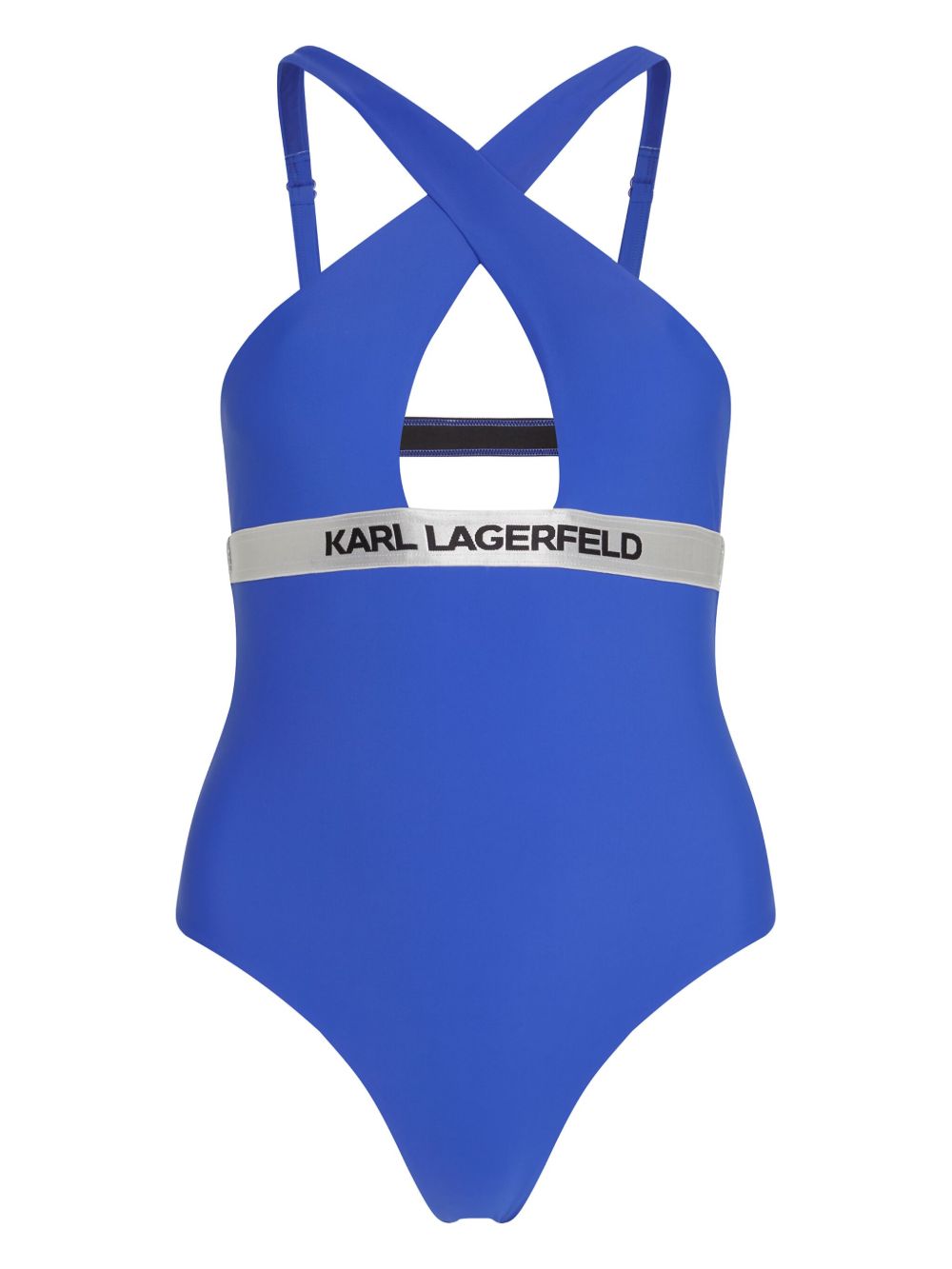 Karl Lagerfeld logo腰边挂脖连体泳衣 - 蓝色