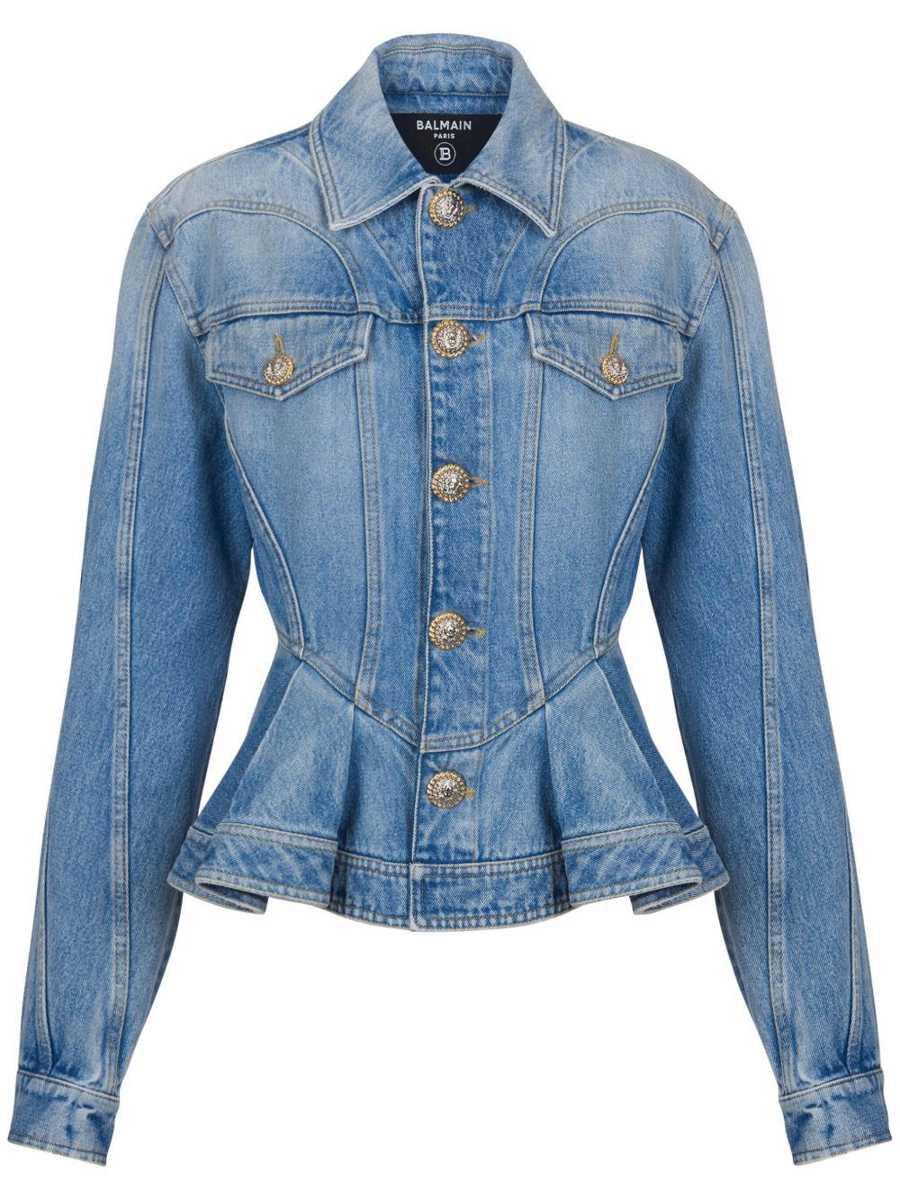 Balmain logo纽扣褶饰牛仔西装夹克 - 蓝色