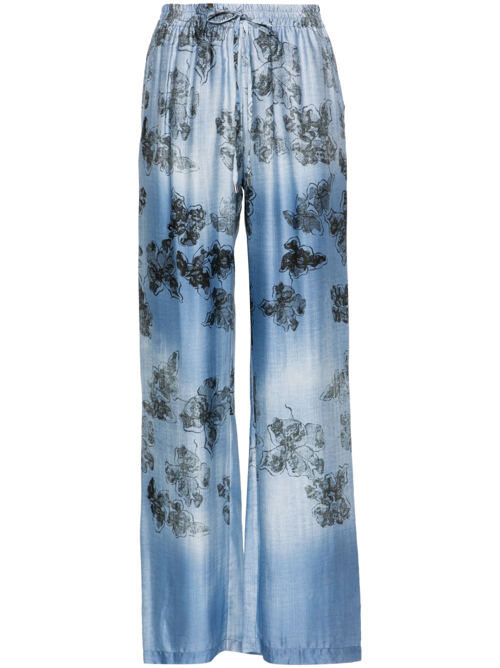 ERMANNO FIRENZE 花卉印花缎面长裤 - 蓝色
