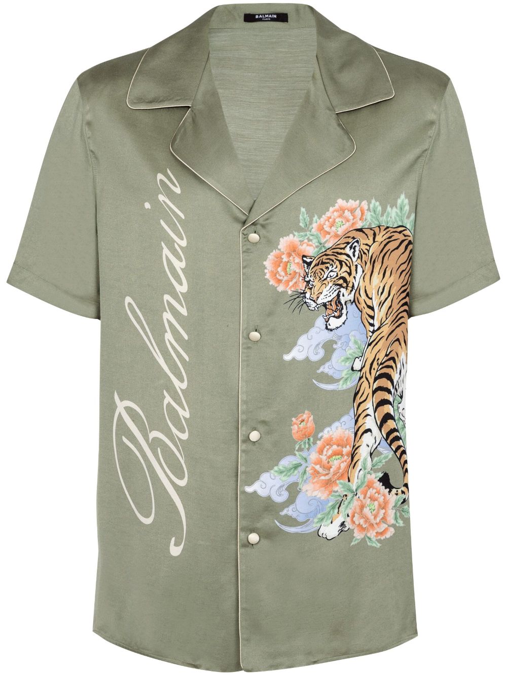Balmain 老虎印花缎面衬衫 - 绿色