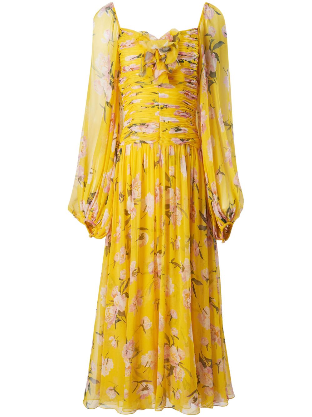 Carolina Herrera 花卉印花泡泡袖中长连衣裙 - 黄色