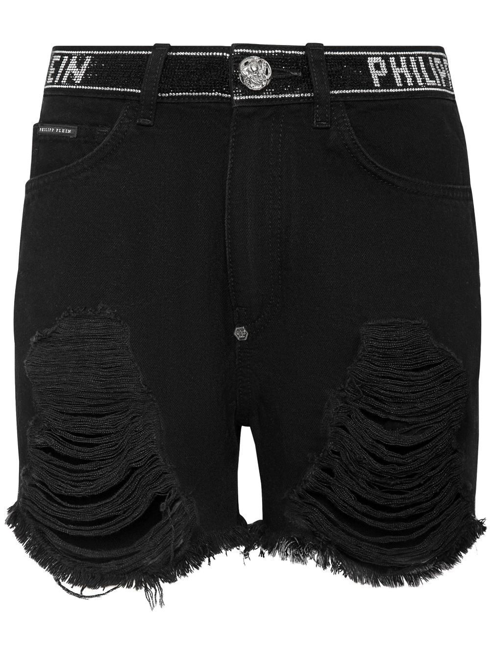 Philipp Plein 晶饰毛边牛仔短裤 - 黑色