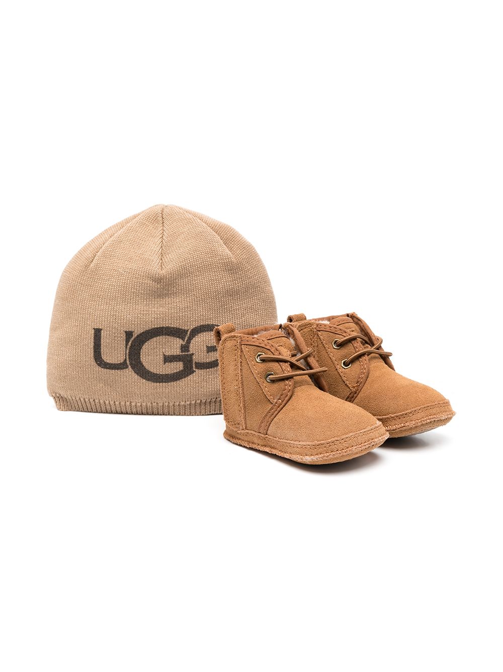 UGG Kids 皮毛一体衬里系带短靴 - 褐色