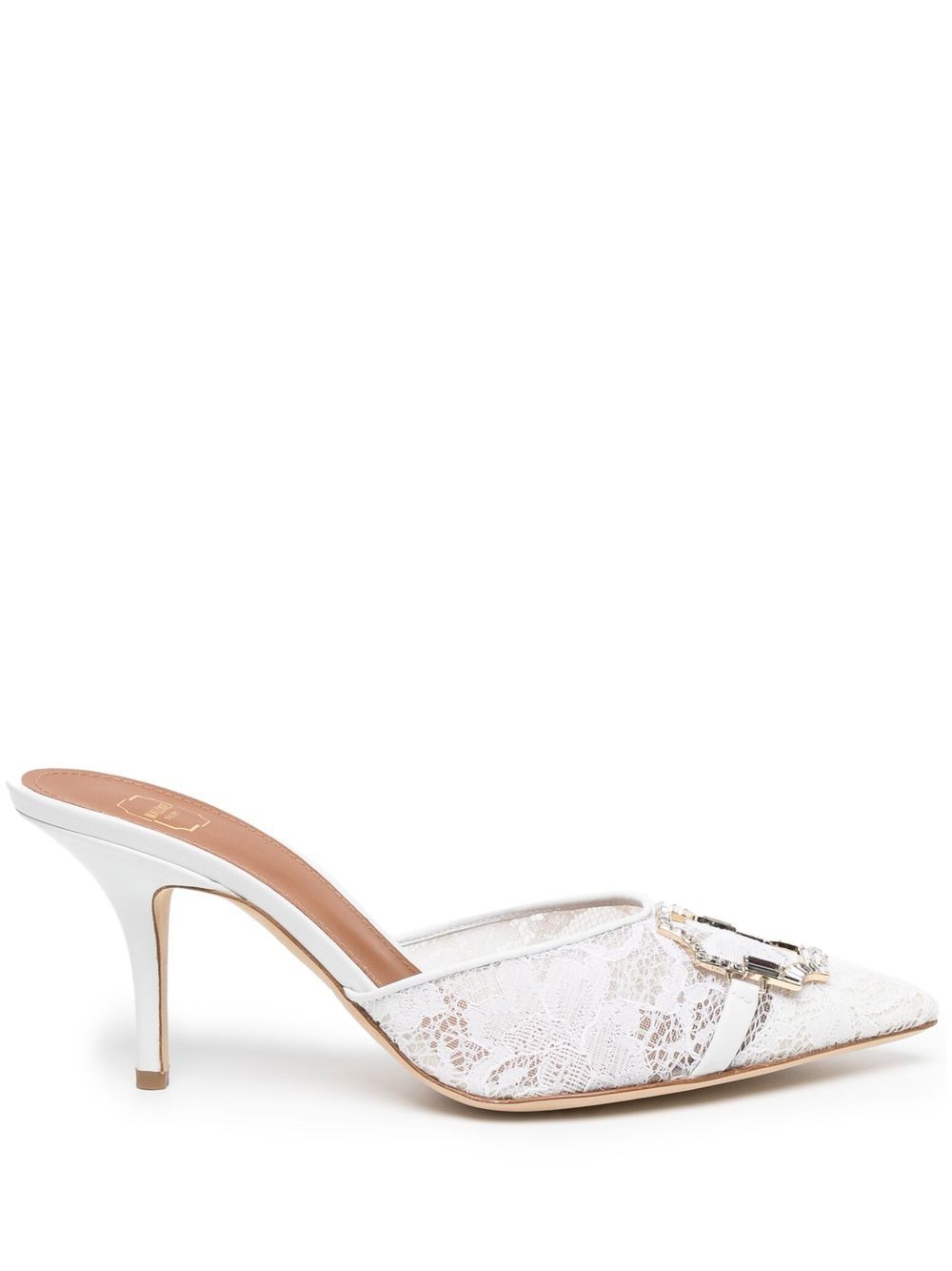Malone Souliers 晶饰徽章蕾丝高跟穆勒鞋 - 白色