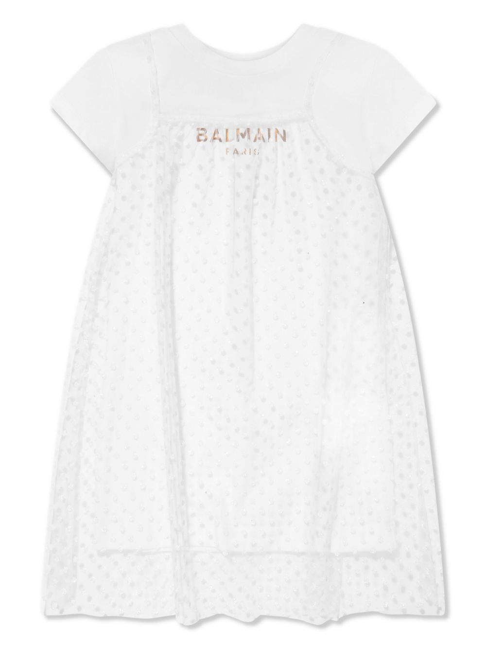 Balmain Kids 圆点织花分层式T恤式连衣裙 - 白色