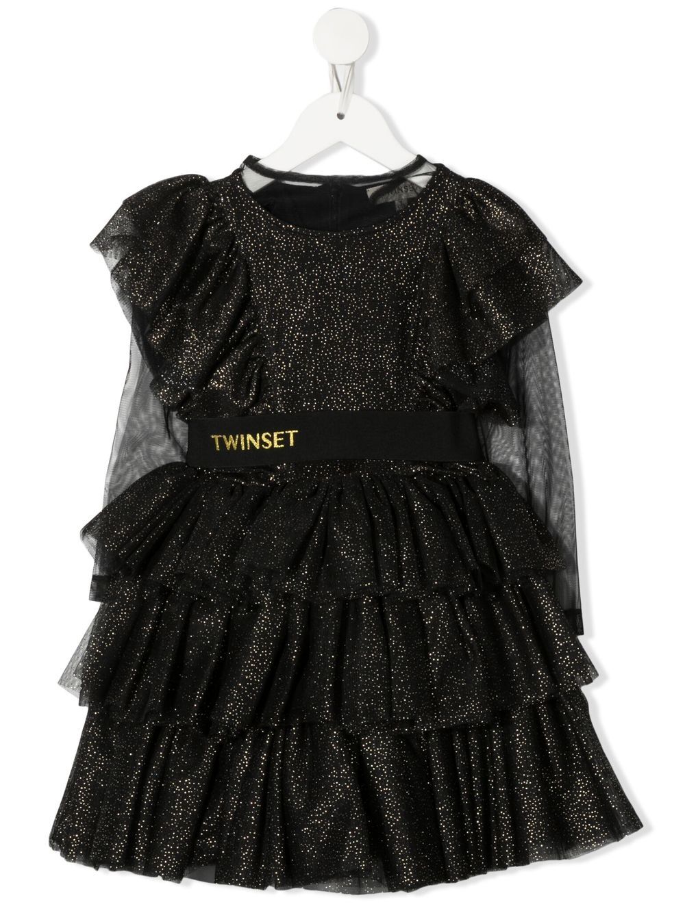 TWINSET Kids 亮片金葱薄纱荷叶边连衣裙 - 黑色
