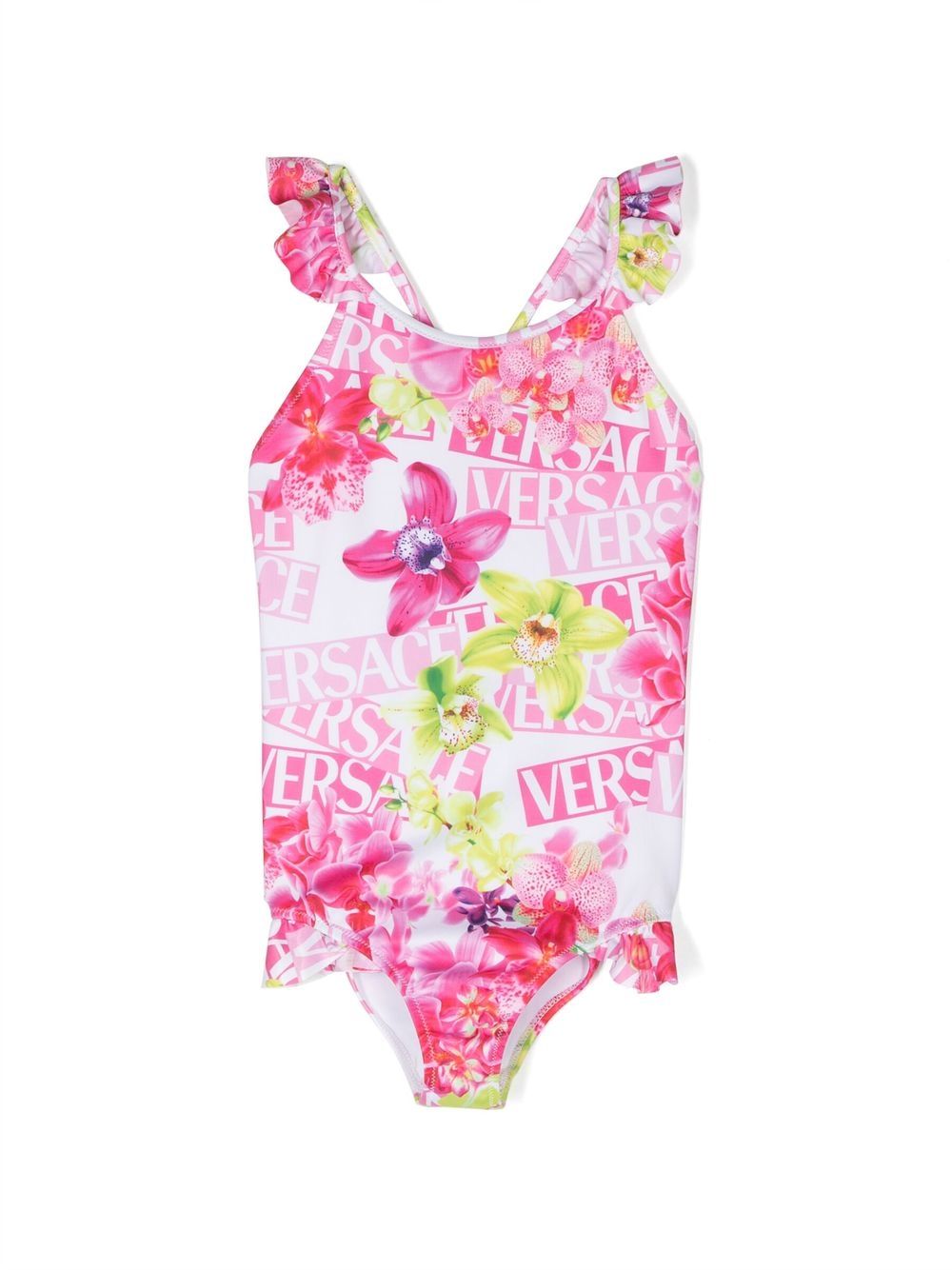 Versace Kids 大面积logo印花连体泳衣 - 白色