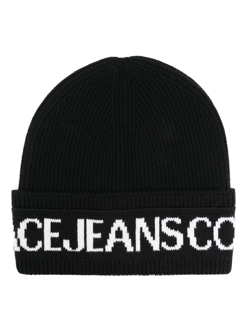 Versace Jeans Couture logo嵌花针织罗纹针织羊毛混纺套头帽 - 黑色
