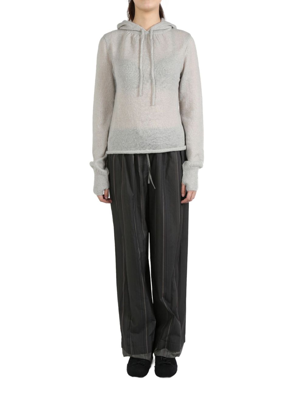 Amomento drawstring hood knit hoodie - 灰色