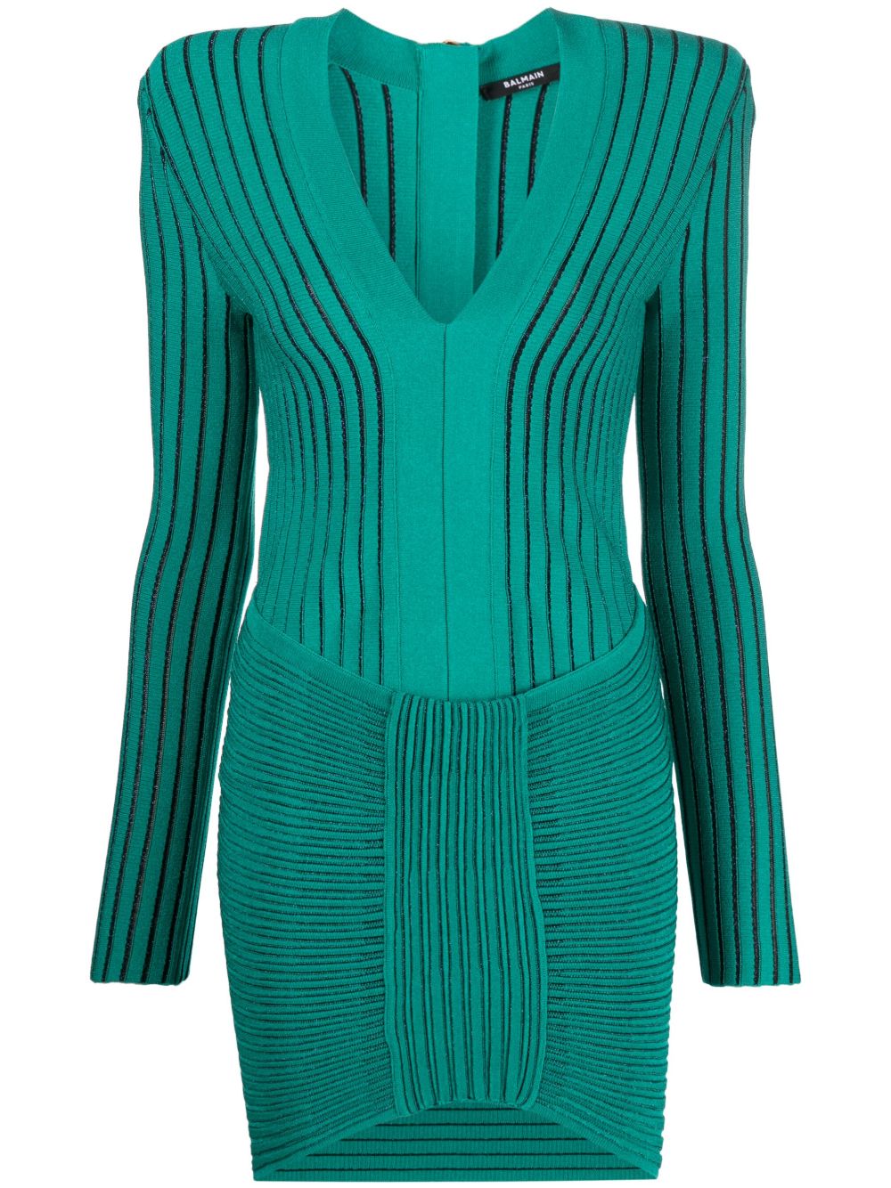 Balmain V领罗纹迷你连衣裙 - 绿色