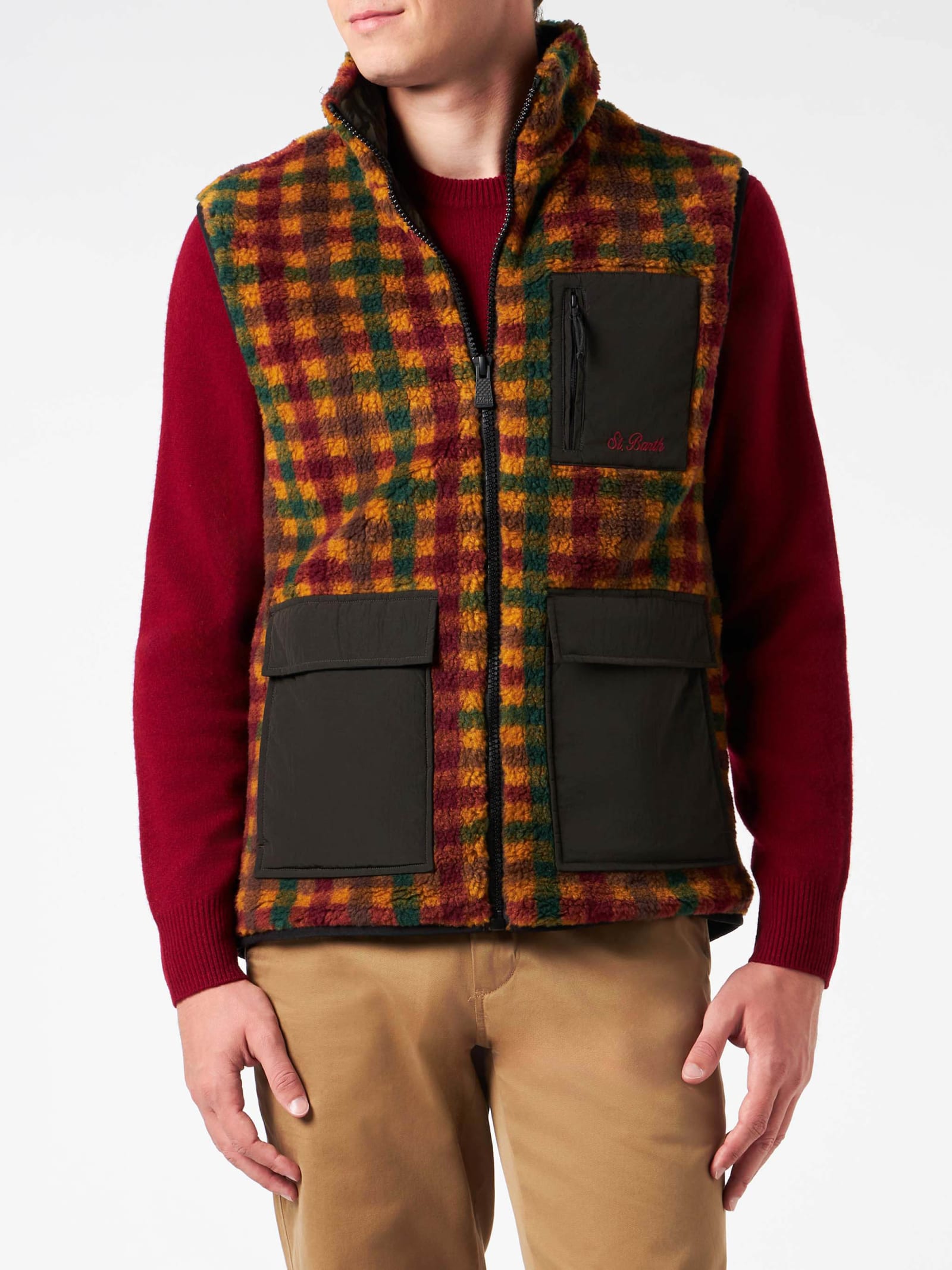 MC2 Saint Barth Man Check Sherpa Vest Jacket With Patch Pockets