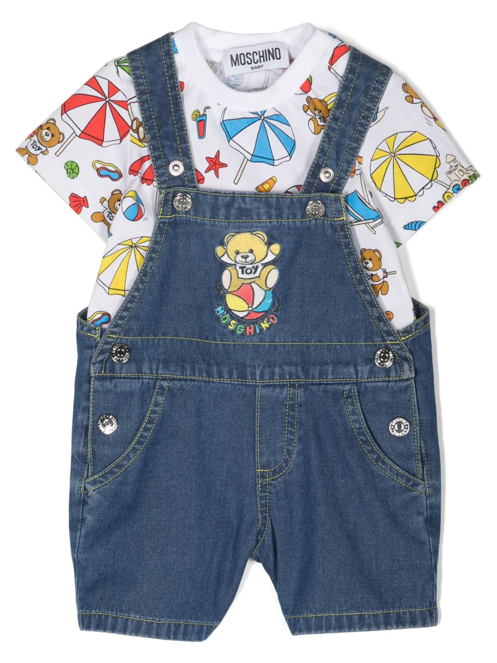 Moschino Kids 牛仔背带裤套装 - 蓝色