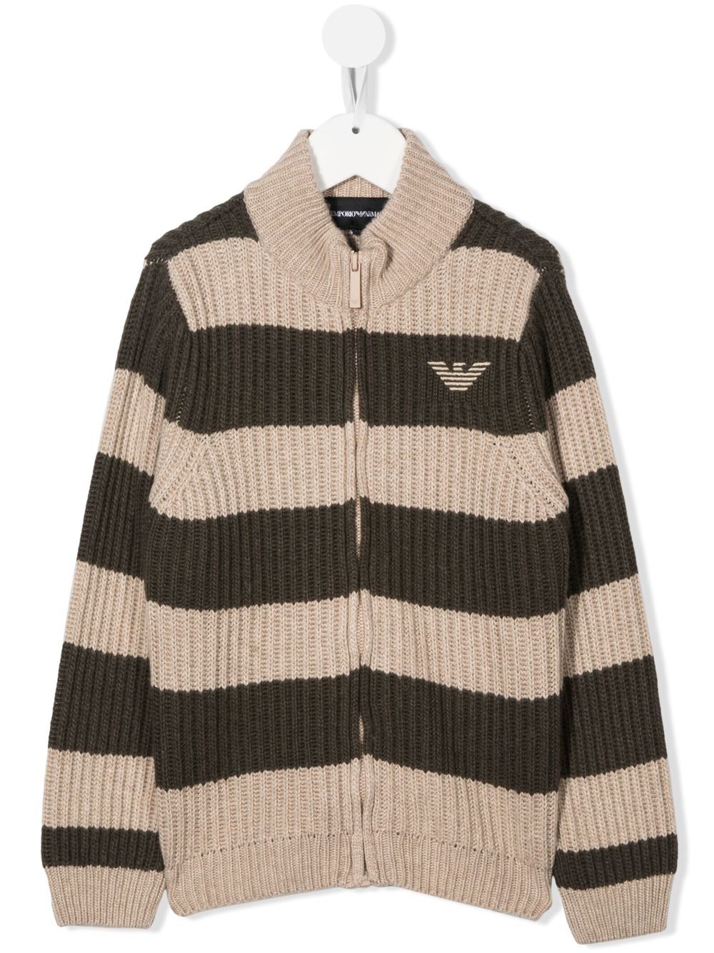 Emporio Armani Kids 条纹针织拉链开衫 - 中性色