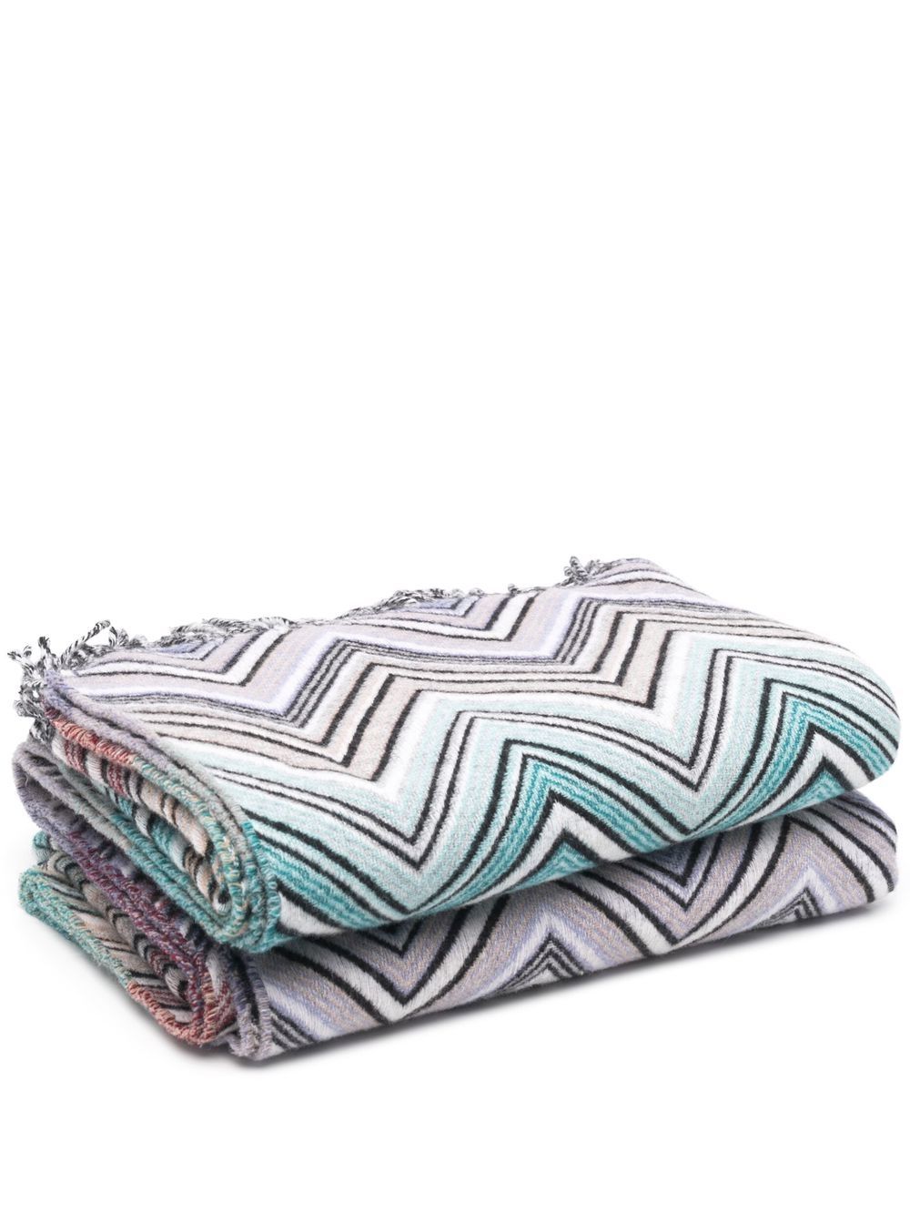 Missoni Home Z字形图案流苏边羊绒羊毛毯子 - 蓝色