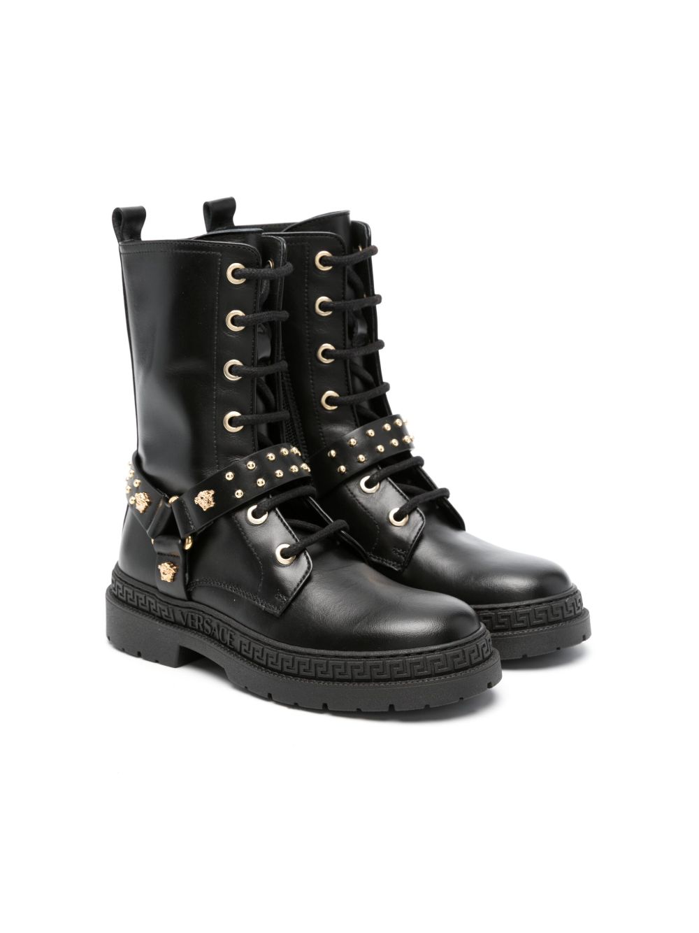 Versace Kids Medusa 系带皮靴 - 黑色