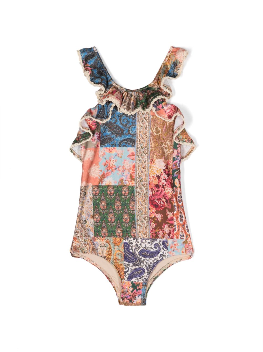ZIMMERMANN Kids 荷叶边图案提花连体泳衣 - 中性色