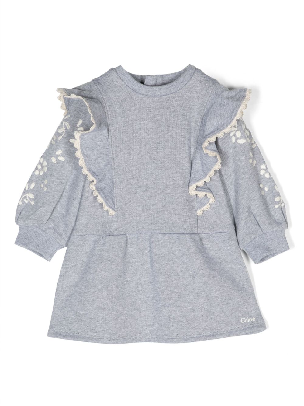Chloé Kids logo刺绣棉连衣裙 - 灰色