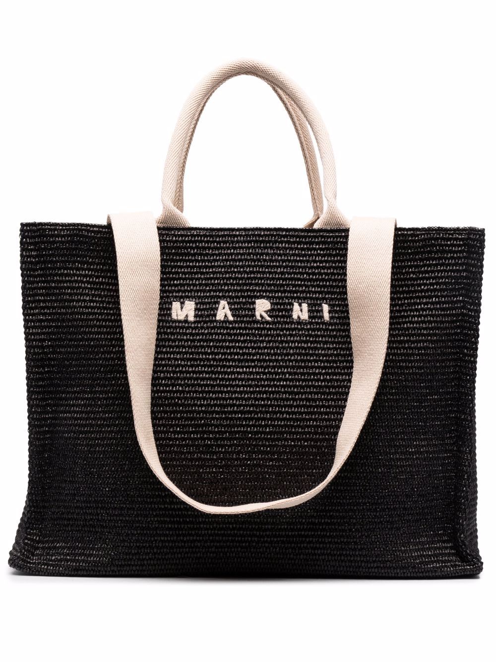 Marni logo 刺绣拉菲草托特包 - 黑色