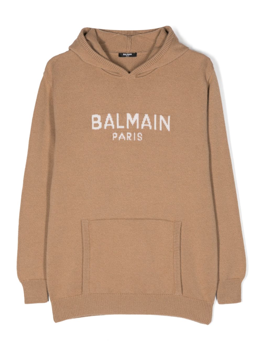 Balmain Kids logo嵌花针织连帽衫 - 褐色