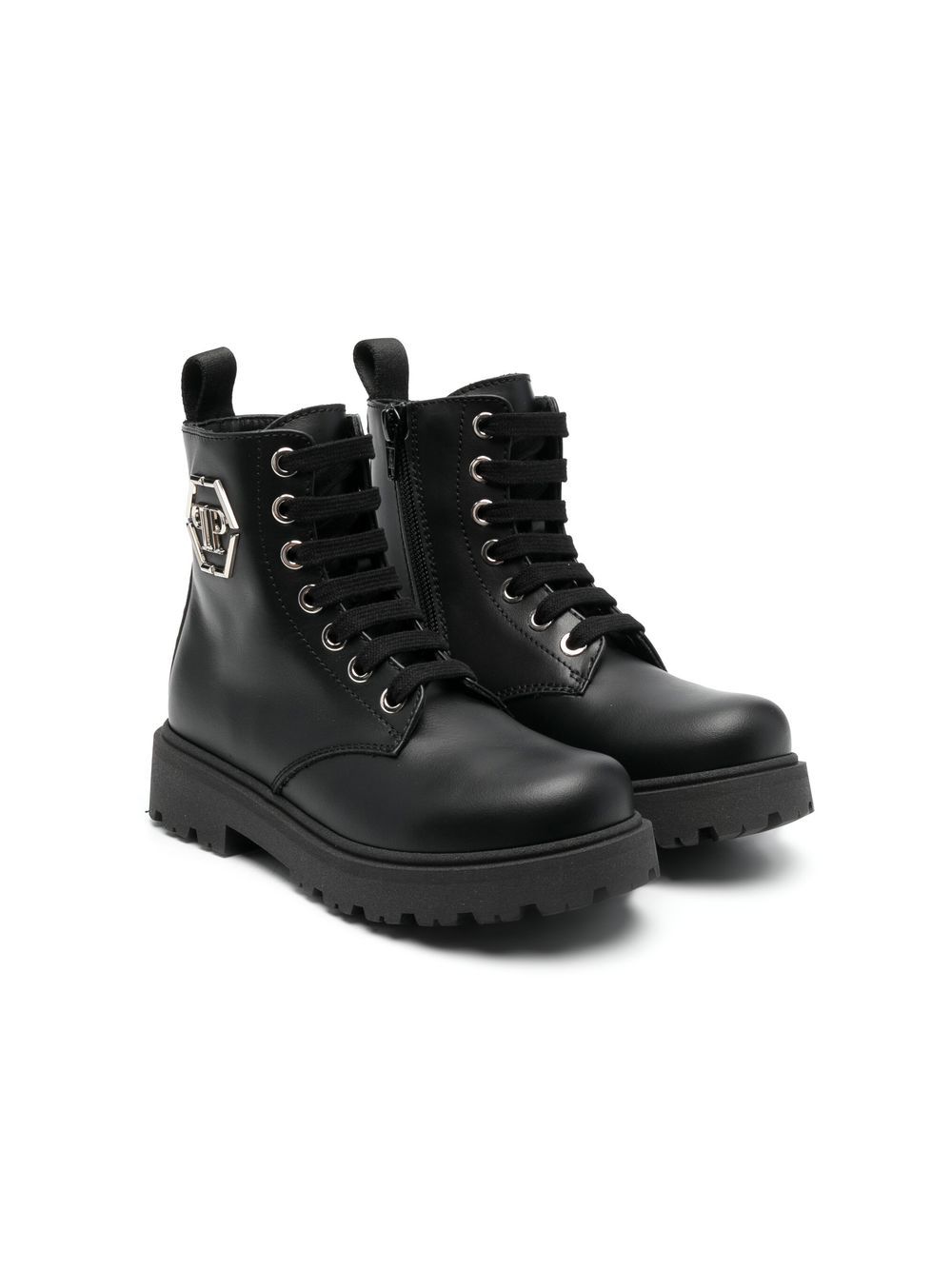 Philipp Plein Junior Hexagon logo皮质短靴 - 黑色