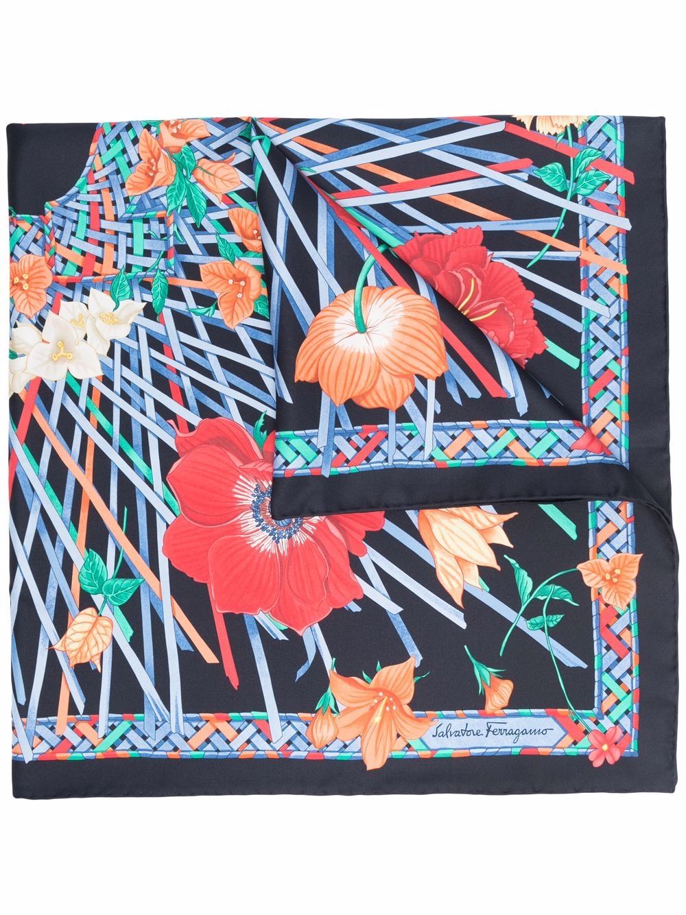 Ferragamo 花卉印花丝绸围巾 - 蓝色