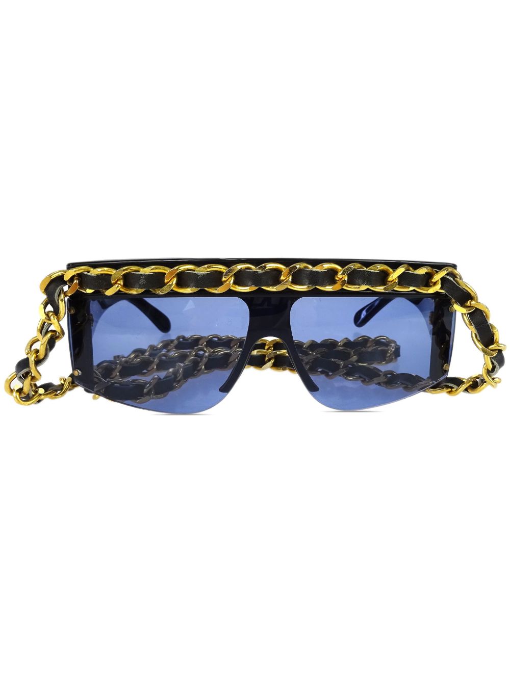 CHANEL Pre-Owned 皮质搭链盾形太阳眼镜（1990-2000年代典藏款） - 黑色