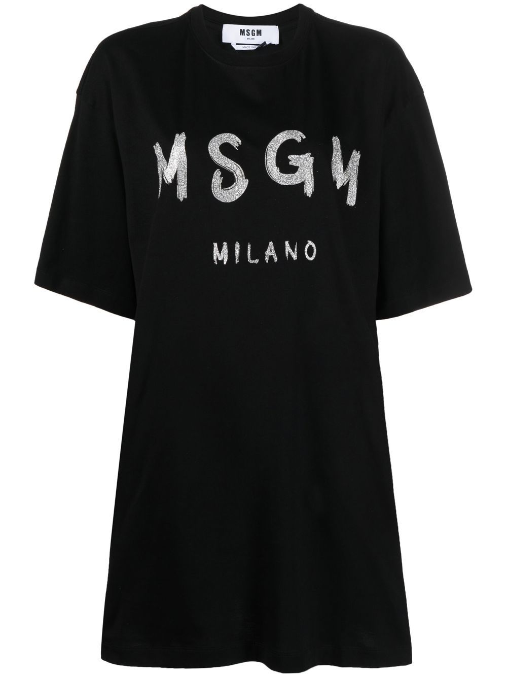 MSGM logo印花亮片金葱T恤式连衣裙 - 黑色