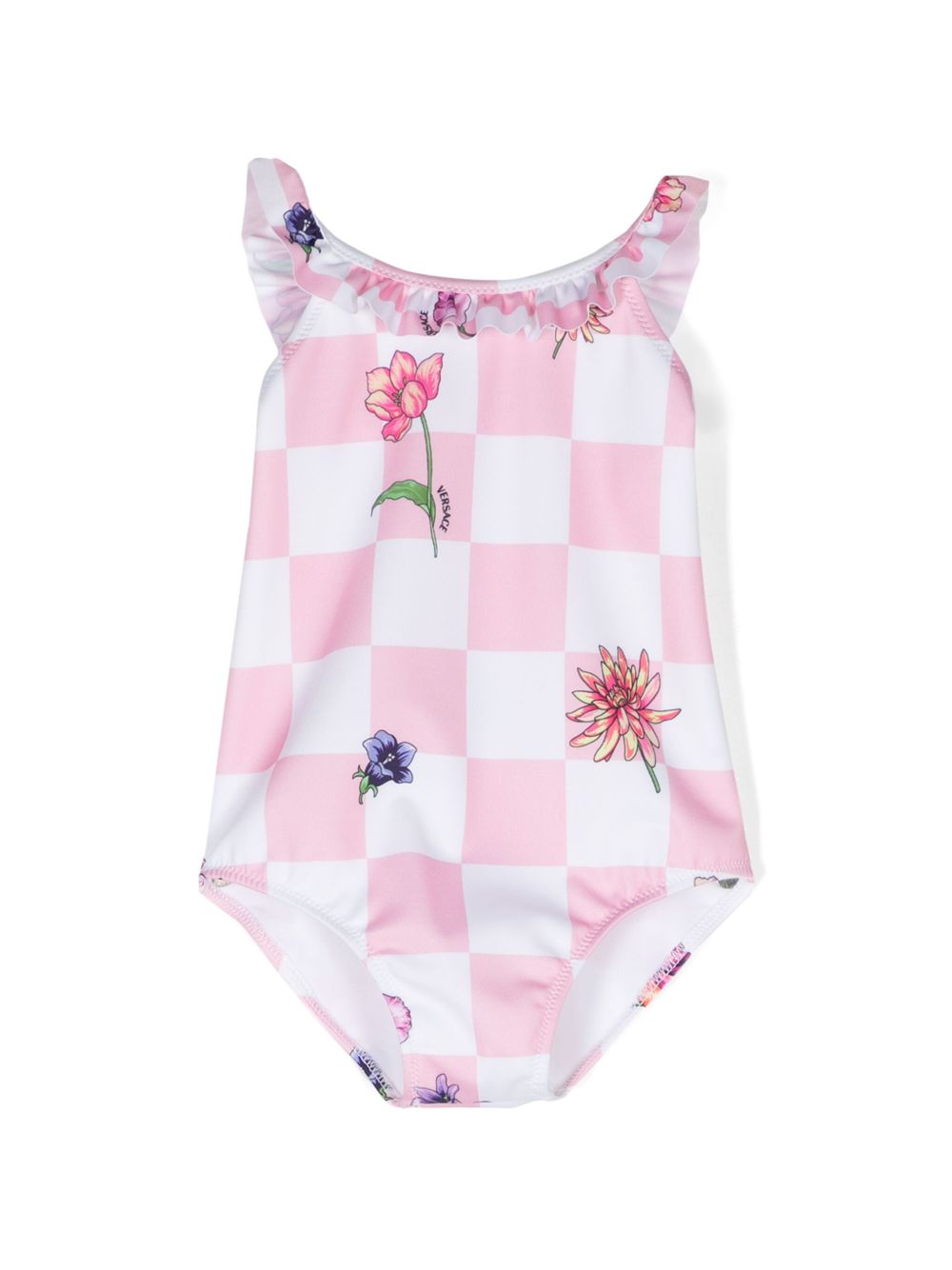 Versace Kids 格纹花卉印花连体泳衣 - 白色
