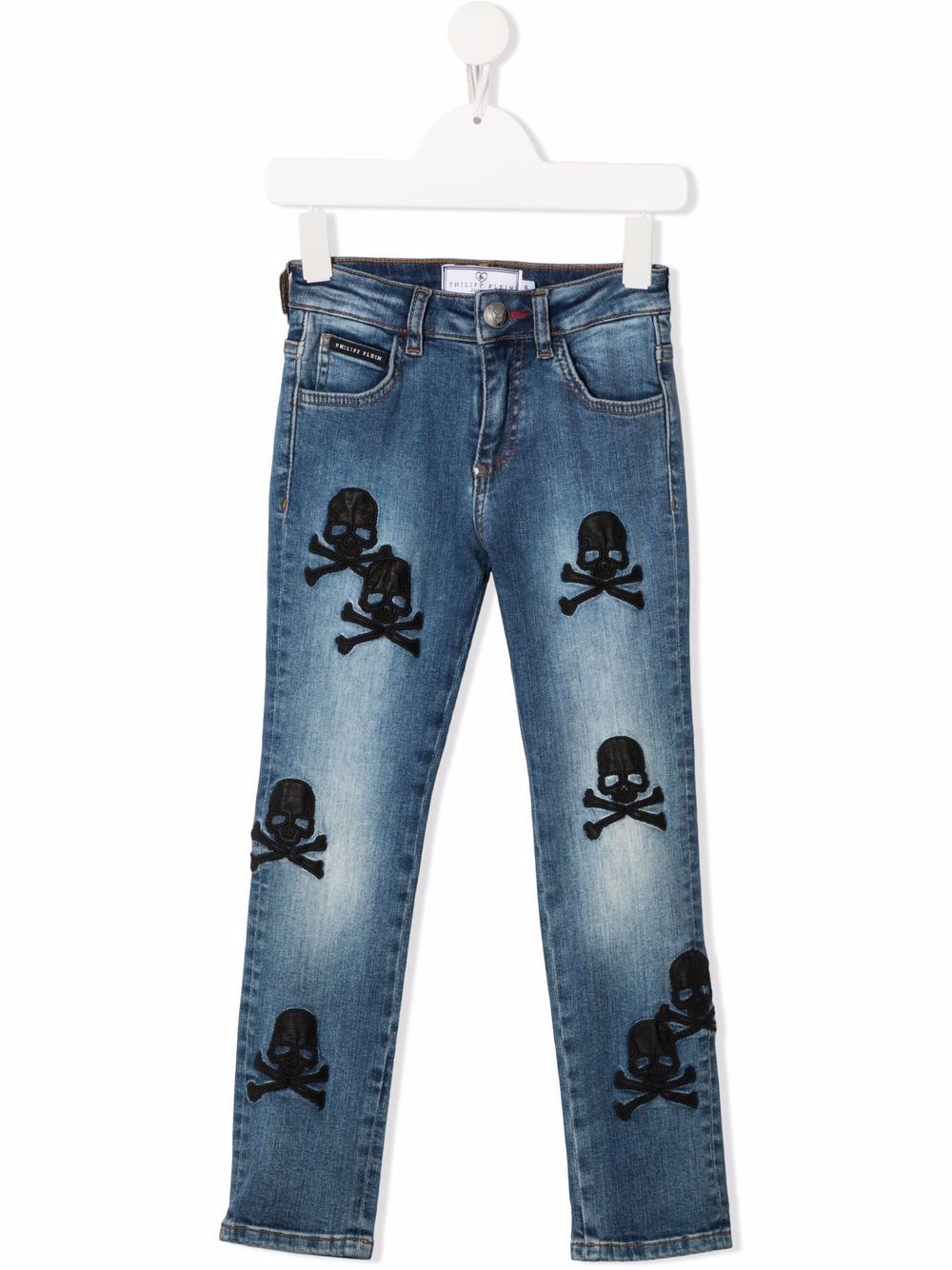 Philipp Plein Junior 骷髅头刺绣直筒牛仔裤 - 蓝色