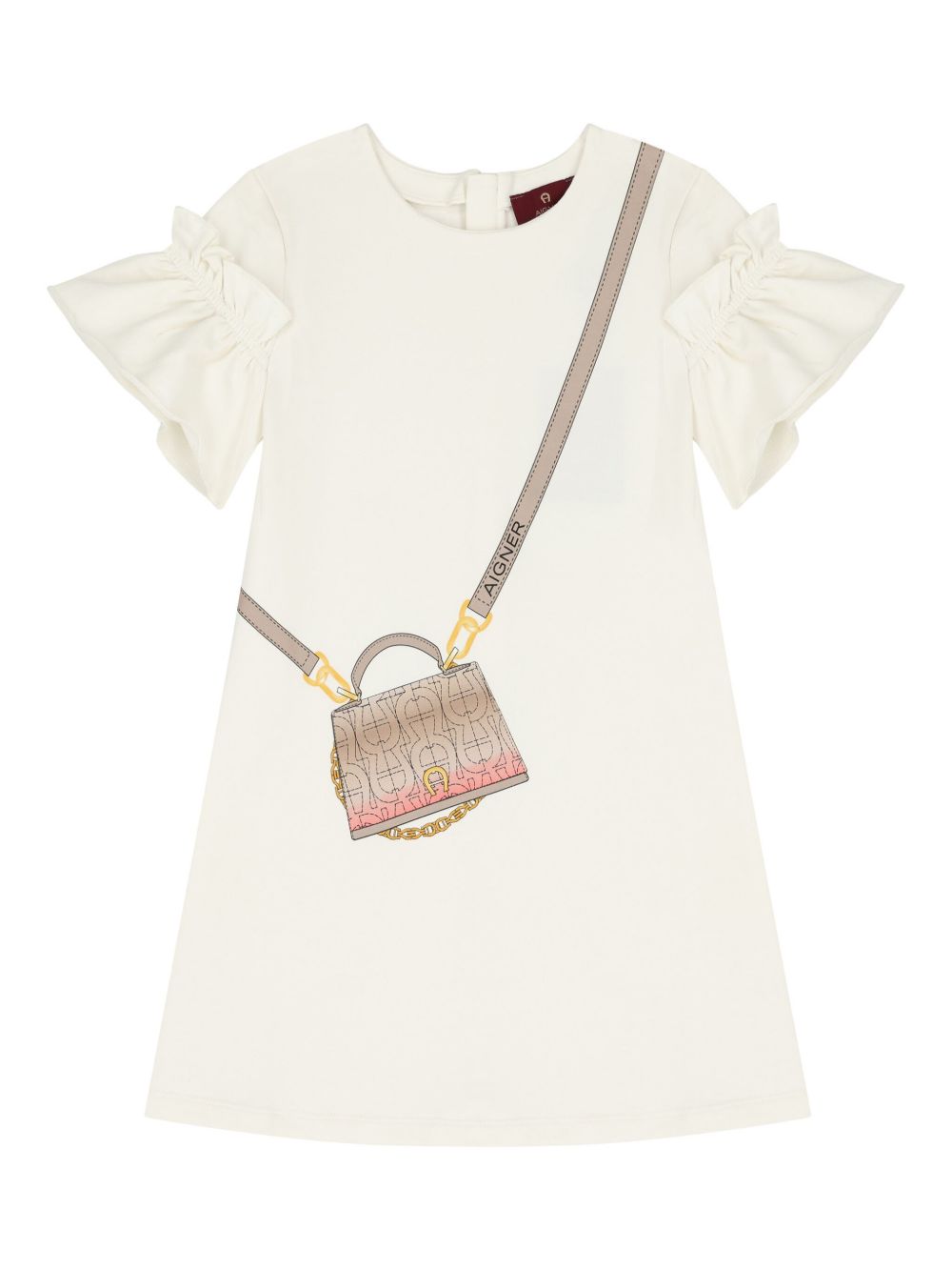 Aigner Kids 包袋印花荷叶边袖连衣裙 - 白色