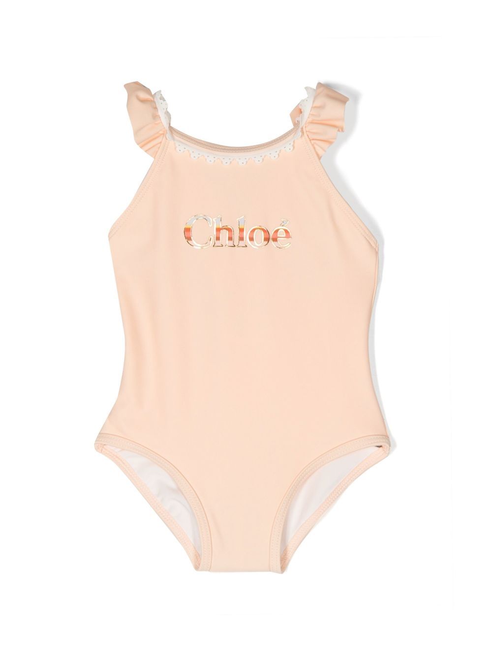 Chloé Kids 荷叶边logo印花连体泳衣 - 中性色
