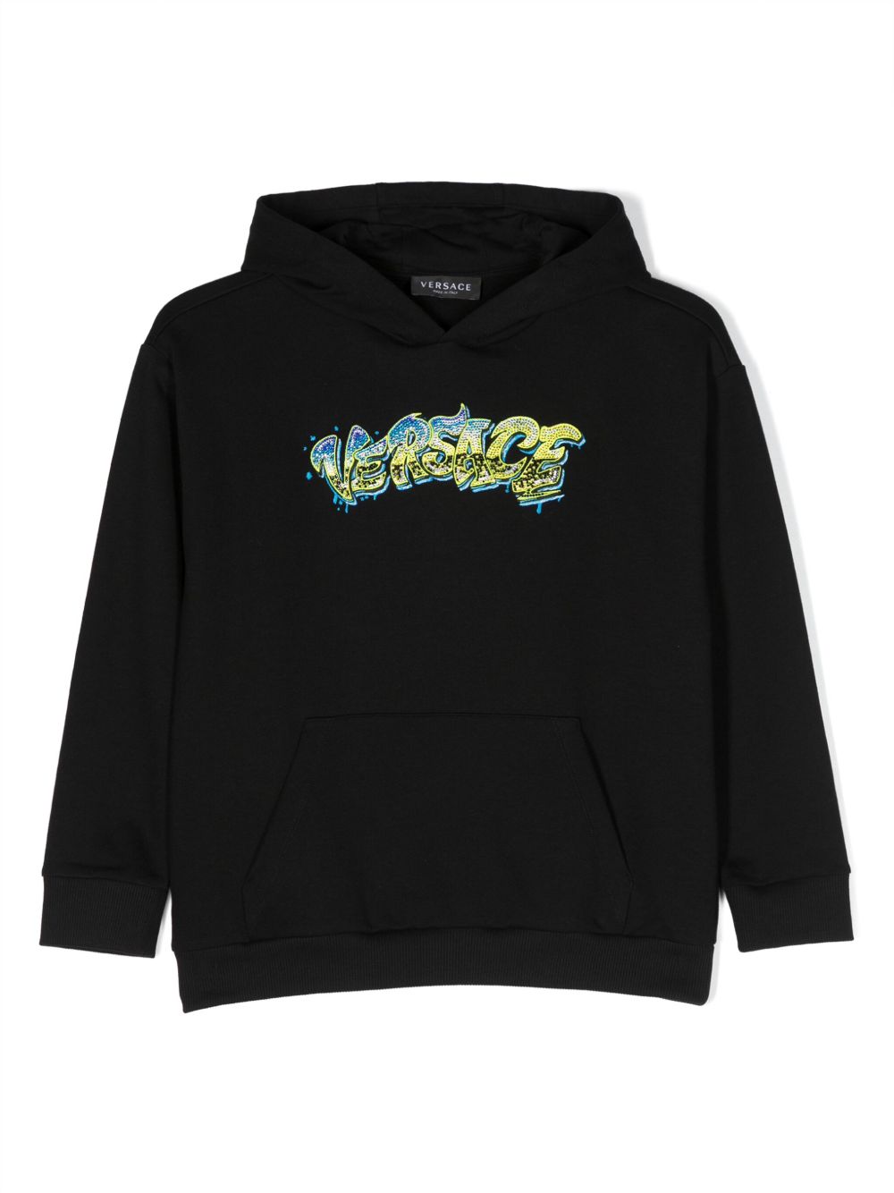 Versace Kids logo刺绣棉连帽衫 - 黑色