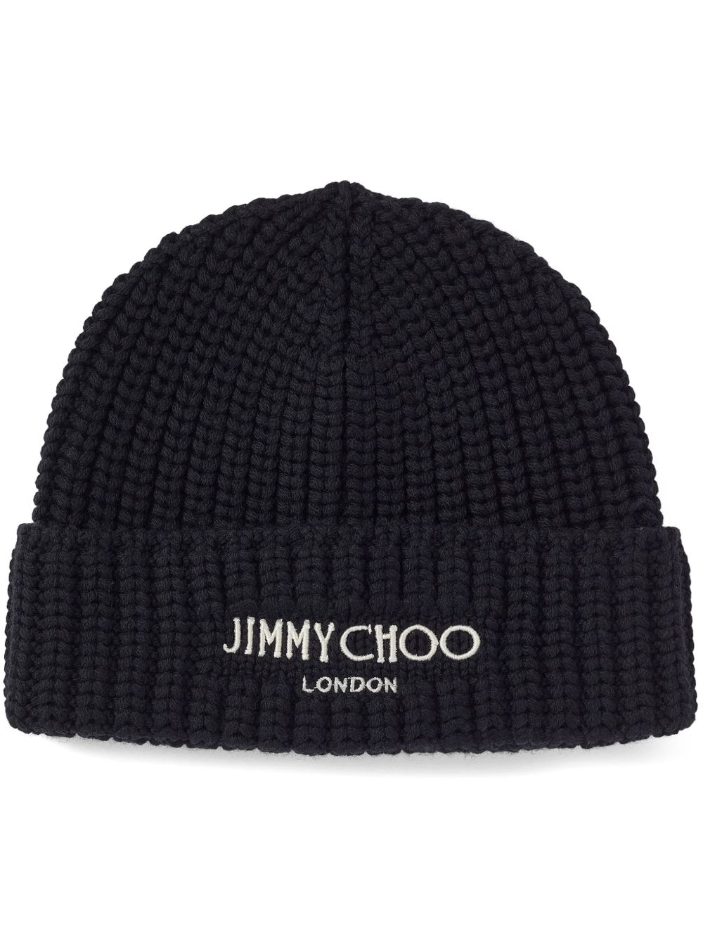 Jimmy Choo logo刺绣罗纹针织套头帽 - 黑色