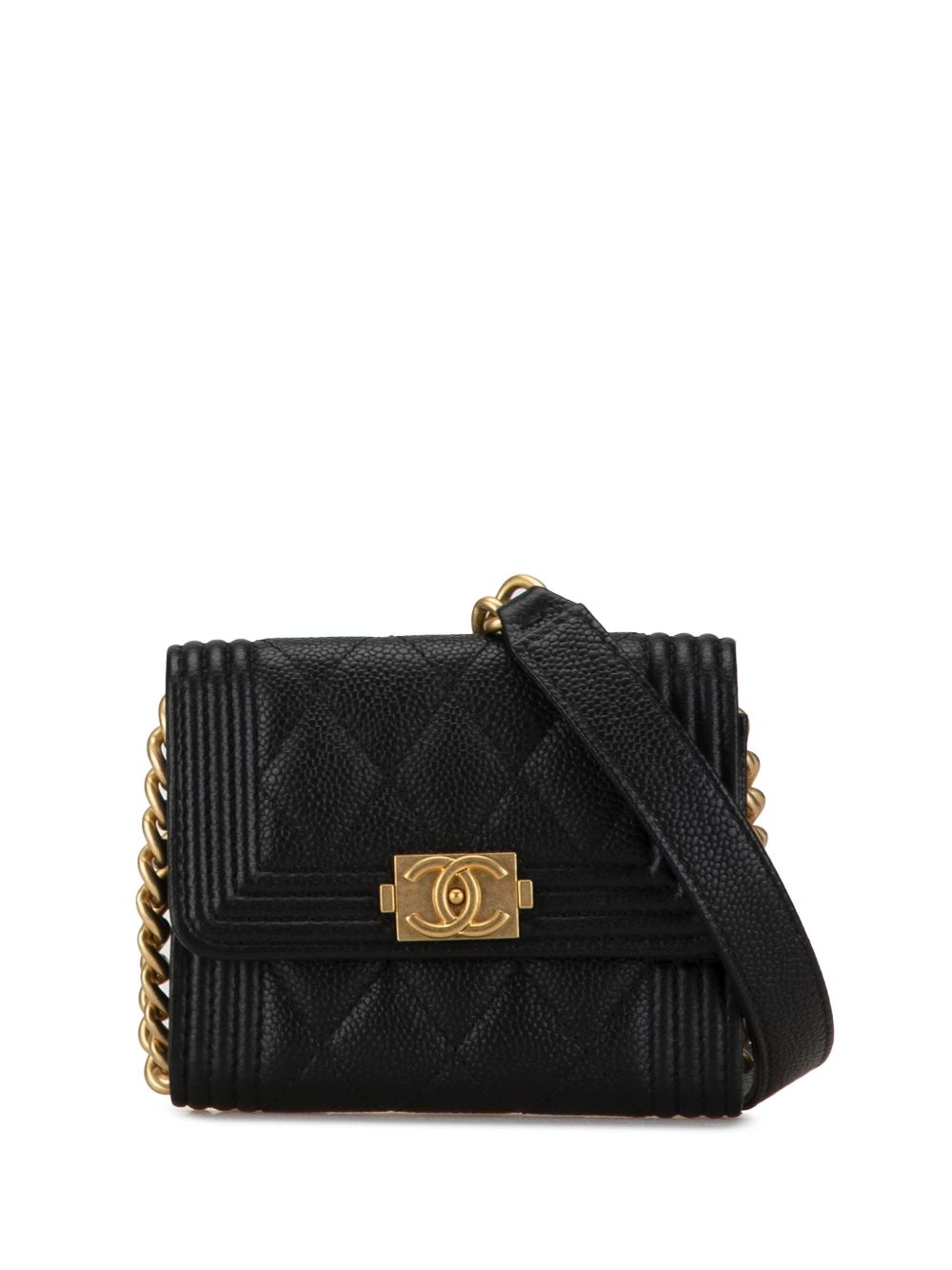CHANEL Pre-Owned Boy 绗缝鱼子酱皮质搭链斜挎手机包（2021年典藏款） - 黑色
