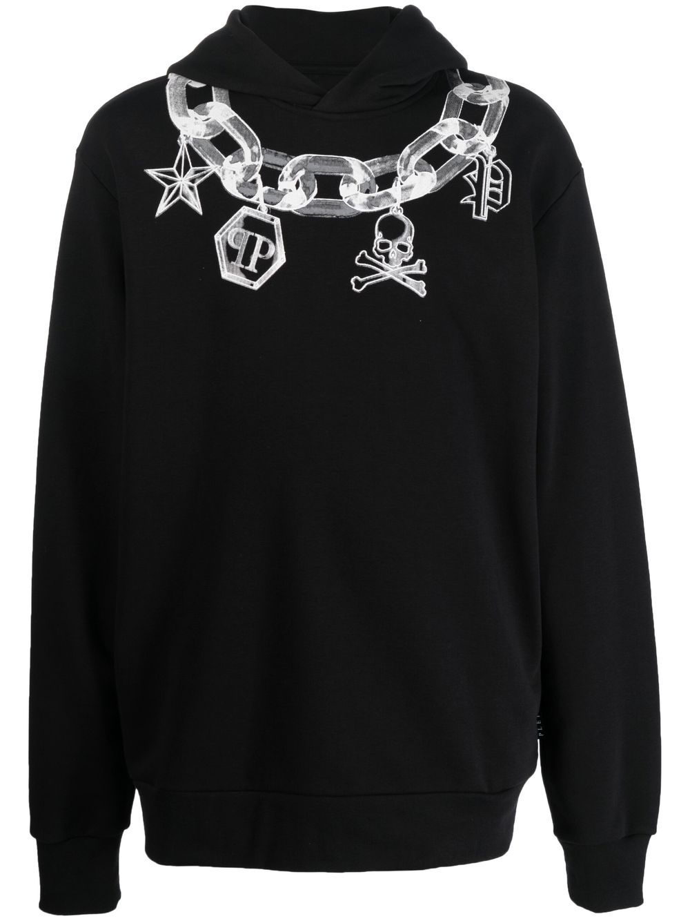 Philipp Plein 搭链印花棉连帽衫 - 黑色