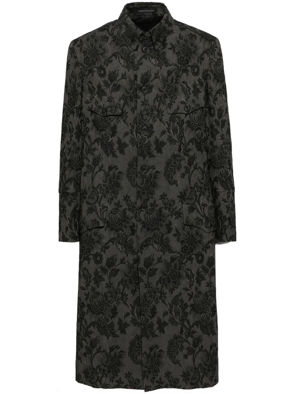 Yohji Yamamoto 花卉单排扣大衣 - 黑色