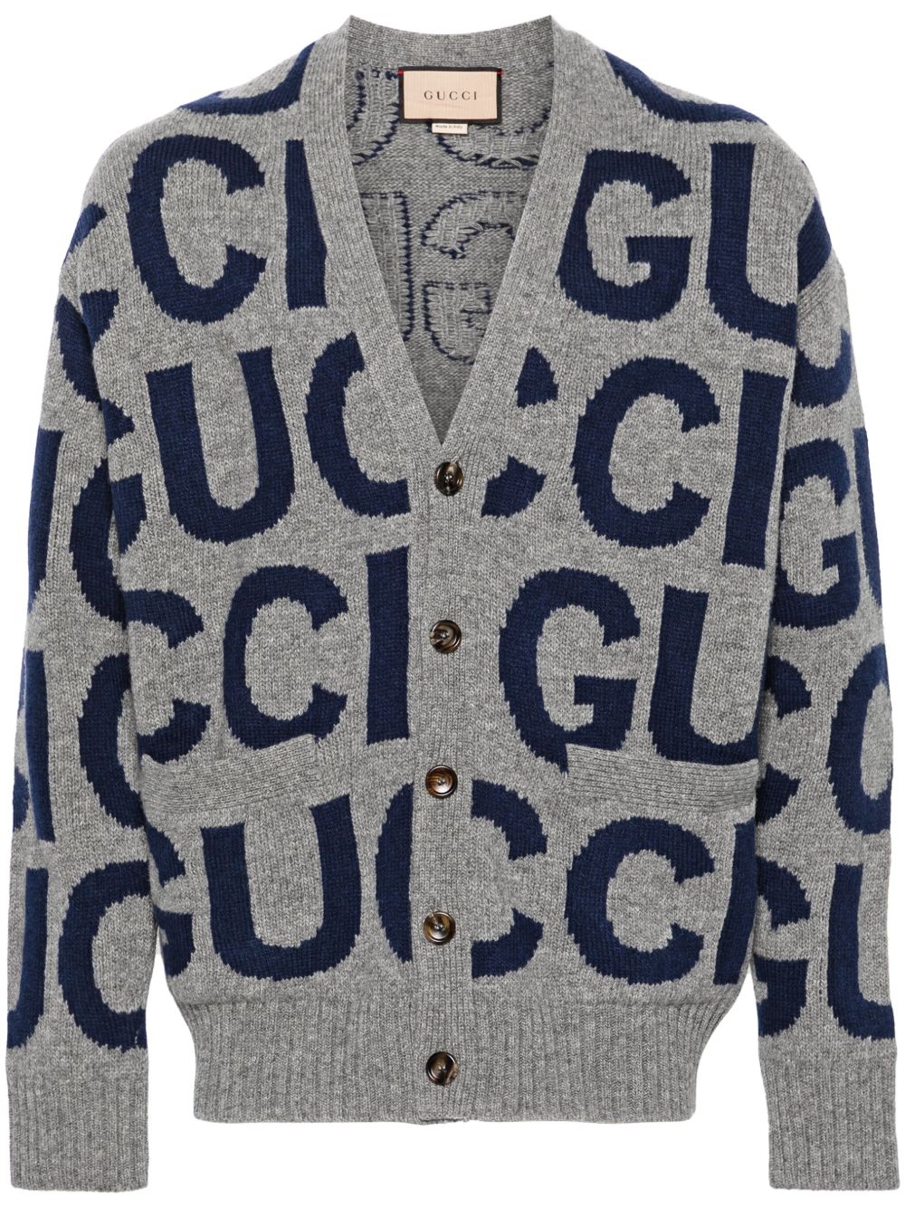 Gucci logo嵌花羊毛开衫 - 灰色